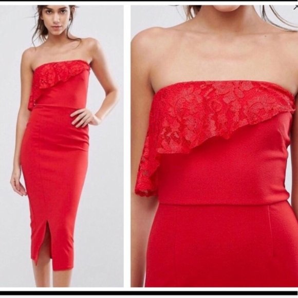 Red Lace Midi Date Night Asos dress Bodycon 14 - Picture 1 of 2